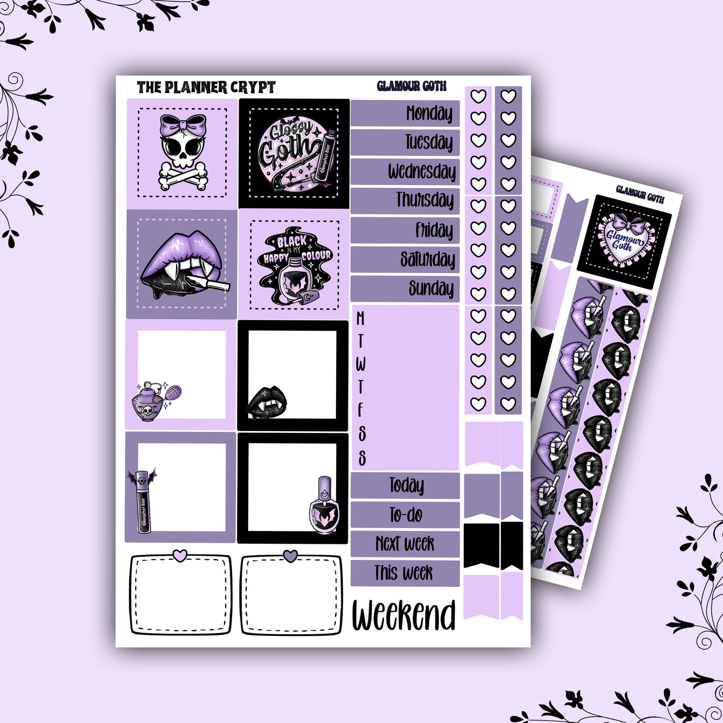 Hobonichi cousin, weekly planner sticker kit, goth planner stickers, bullet journal sticker, small planner sticker, A5 planner, goth glamour