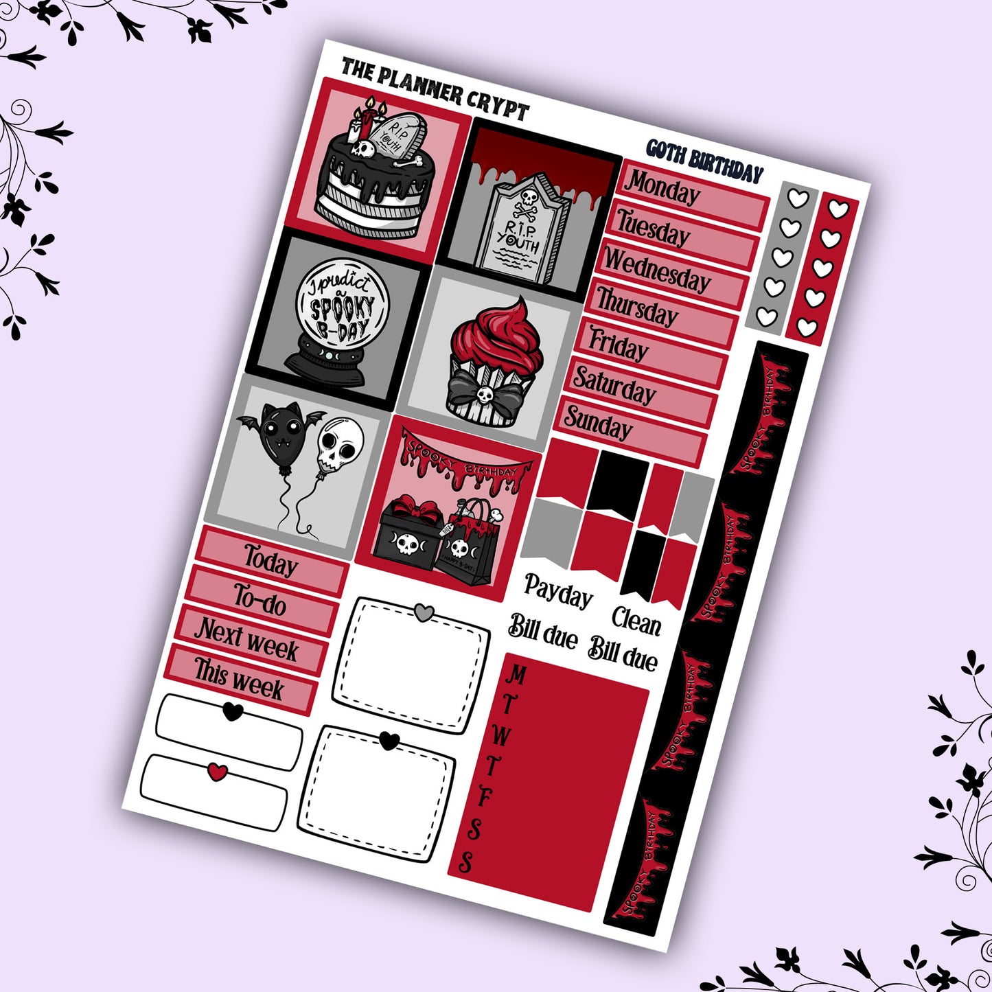 Hobonichi cousin weekly planner sticker kit, goth planner, goth birthday