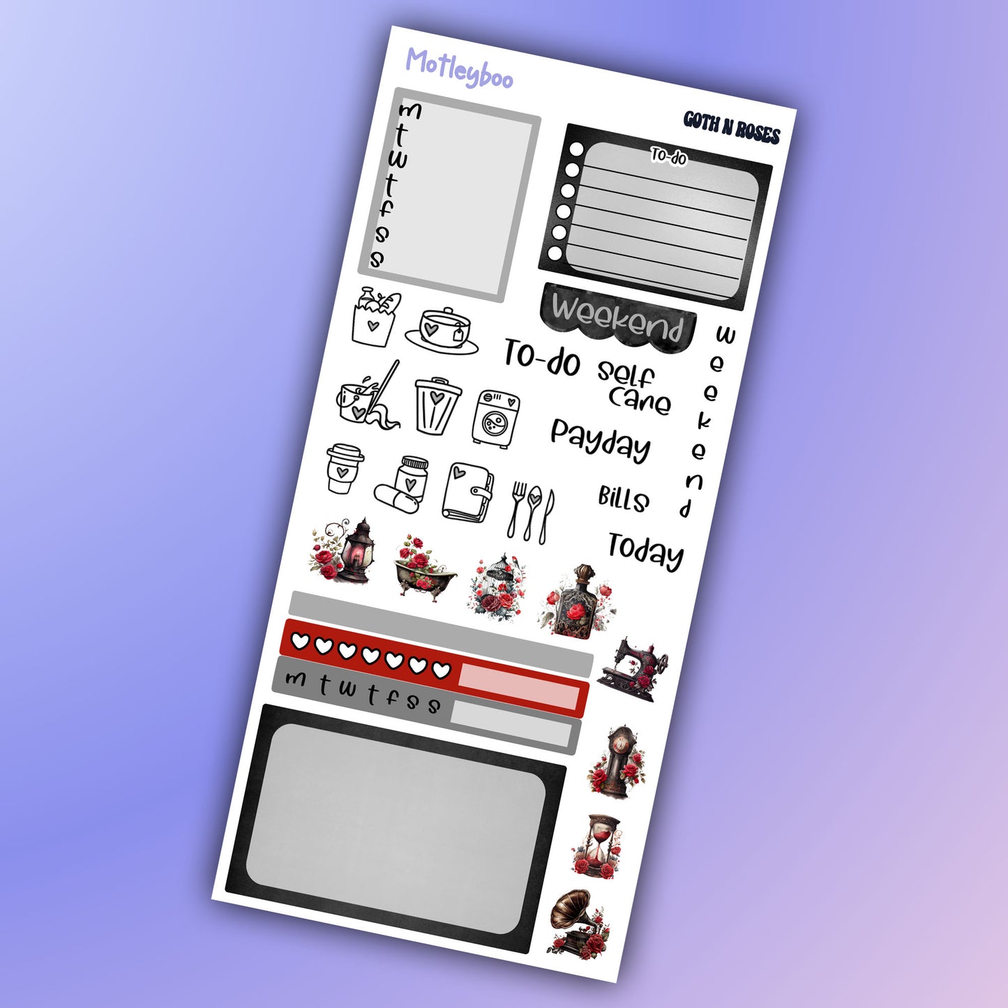 Hobonichi weeks, weekly sticker kit, hobonichi planner, goth girl stickers, functional sticker, planner stickers, goth n roses