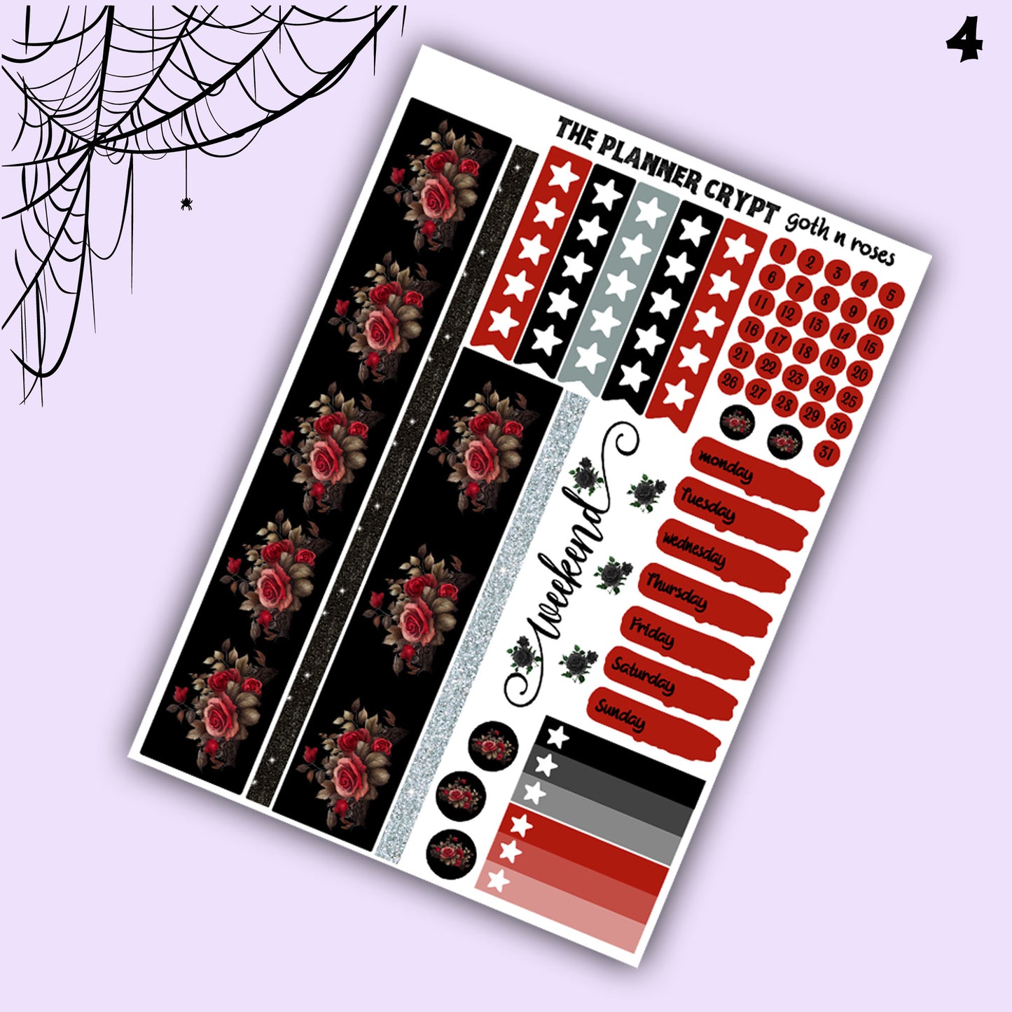 weekly planner sticker kit, goth planner, vertical planner, flower stickers, scrapbook stickers, stickers for planning, goth stickers