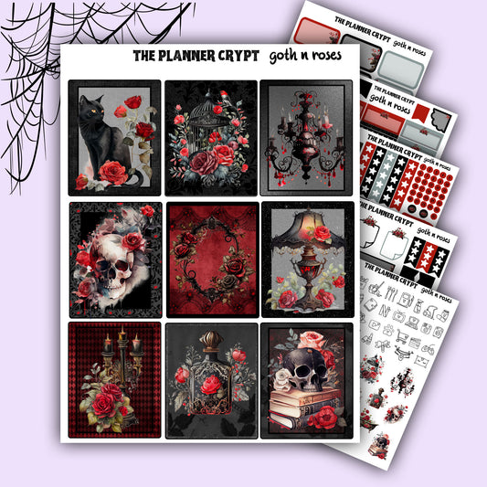 weekly planner sticker kit, goth planner, vertical planner, flower stickers, scrapbook stickers, stickers for planning, goth stickers