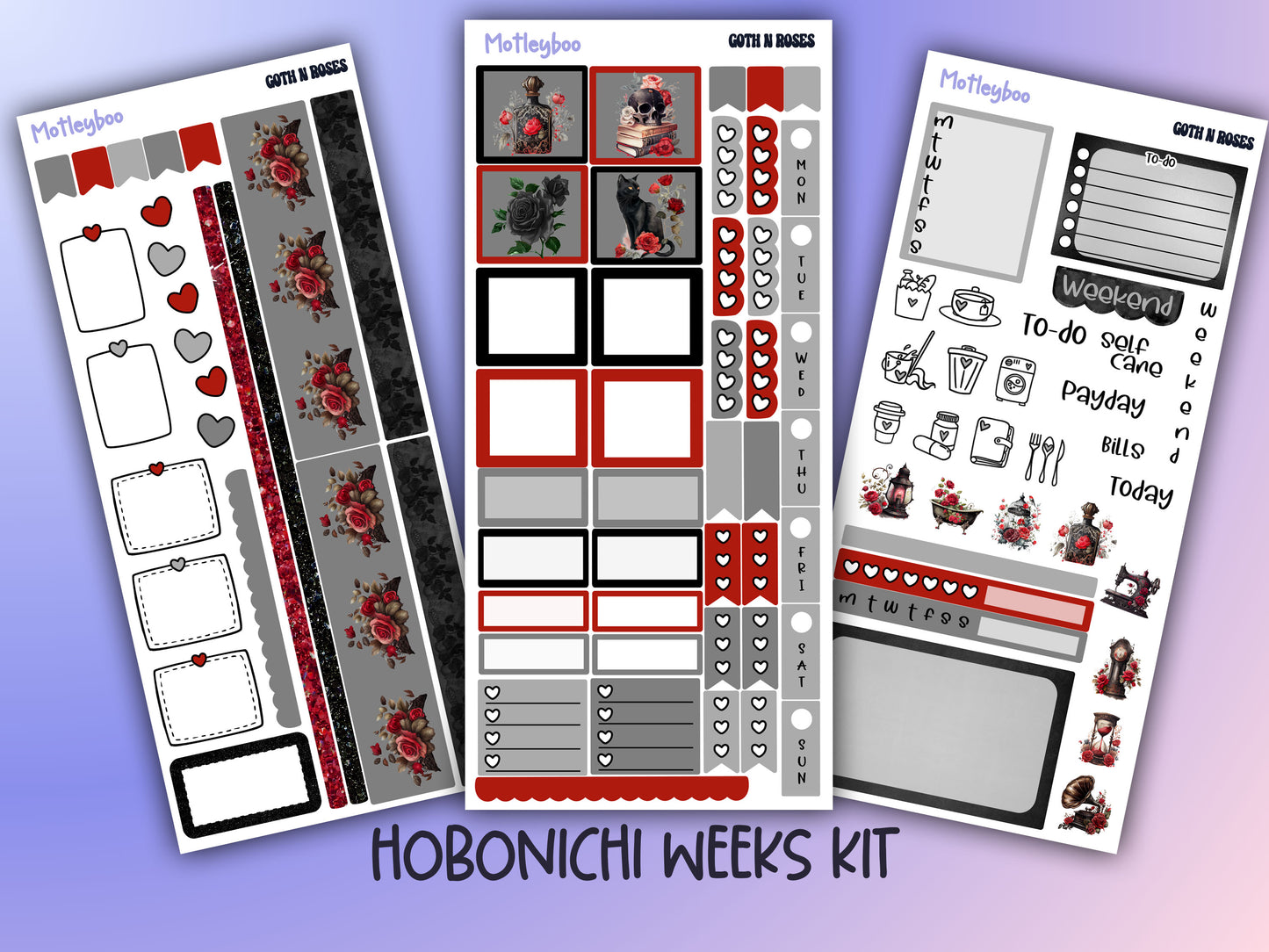 Hobonichi weeks, weekly sticker kit, hobonichi planner, goth girl stickers, functional sticker, planner stickers, goth n roses