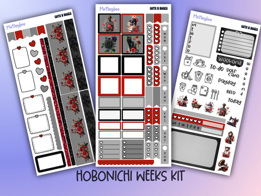 Hobonichi weeks, weekly sticker kit, hobonichi planner, goth girl stickers, functional sticker, planner stickers, goth n roses