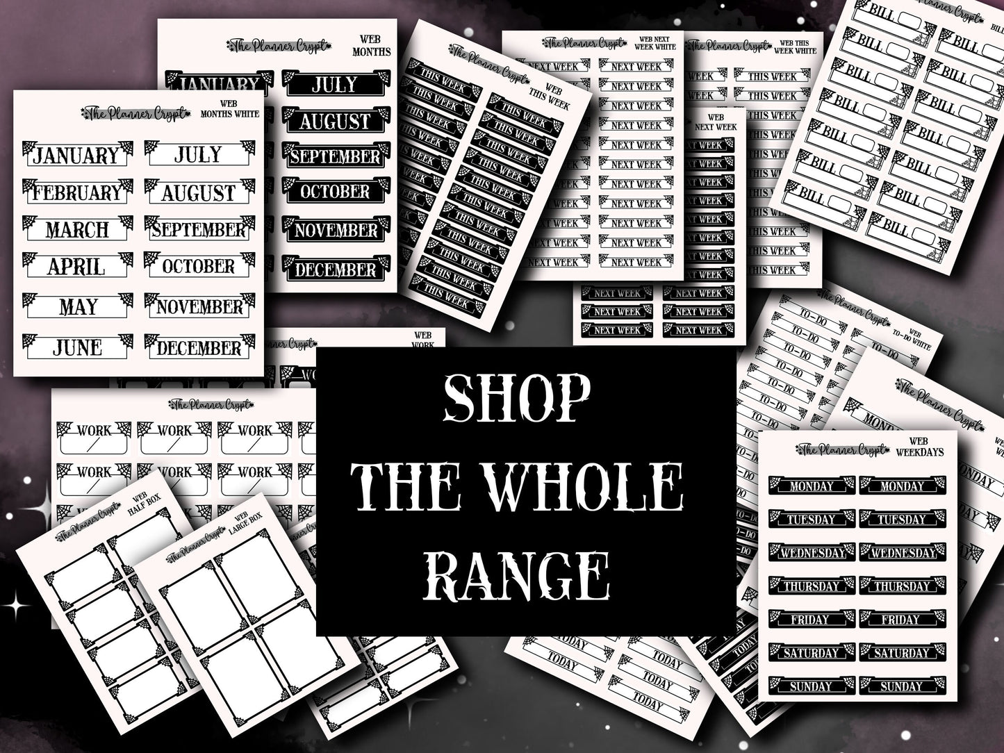planner stickers, corner date covers, vertical planner, gothic planner, functional stickers, black and white stickers, spiderweb stickers