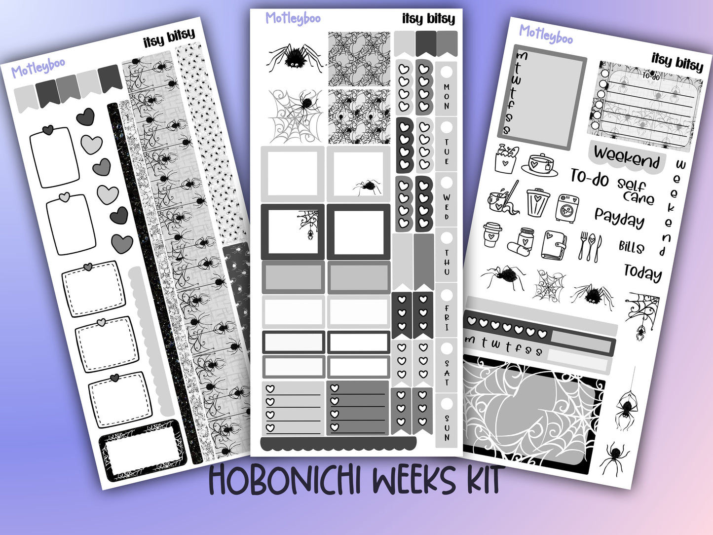 Hobonichi weeks, sticker kit, hobonichi planner, spider stickers, hobonichi functional sticker, small planner stickers, goth planner, spider