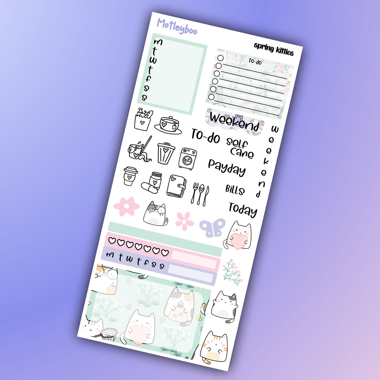 Spring kitties, Hobonichi weeks, sticker kit, hobonichi planner, cat stickers, spring stickers, hobonichi functional stickers