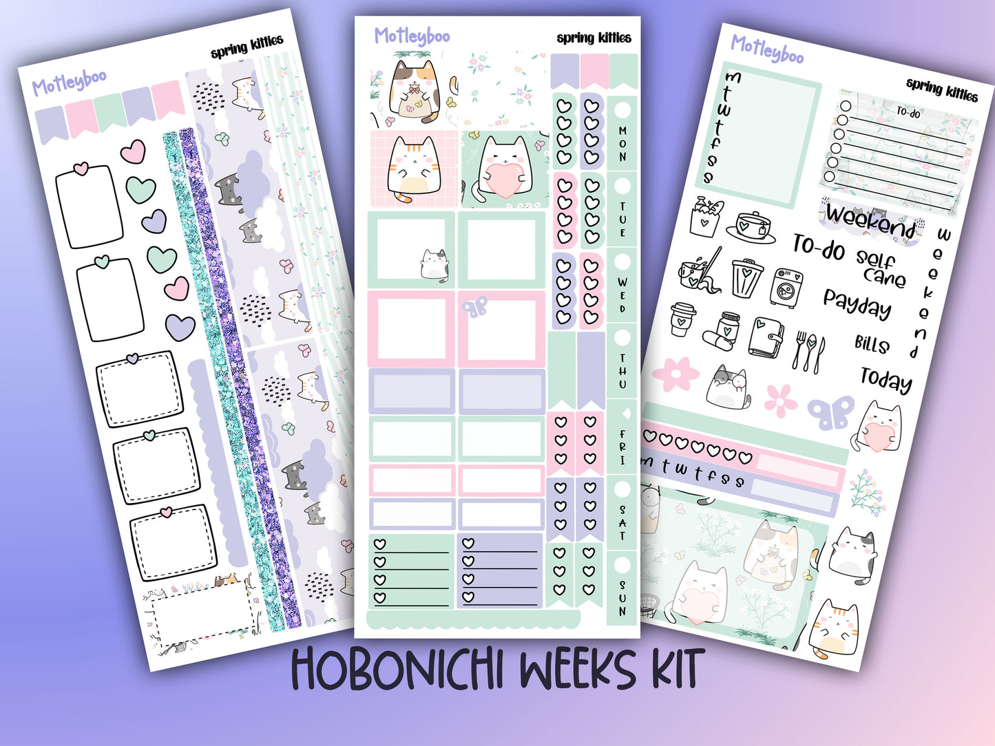 Spring kitties, Hobonichi weeks, sticker kit, hobonichi planner, cat stickers, spring stickers, hobonichi functional stickers
