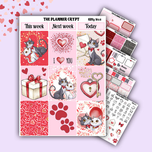 Valentines day weekly planner sticker kit, planner stickers, love stickers, vertical planner, journal stickers, planning stickers, love cats