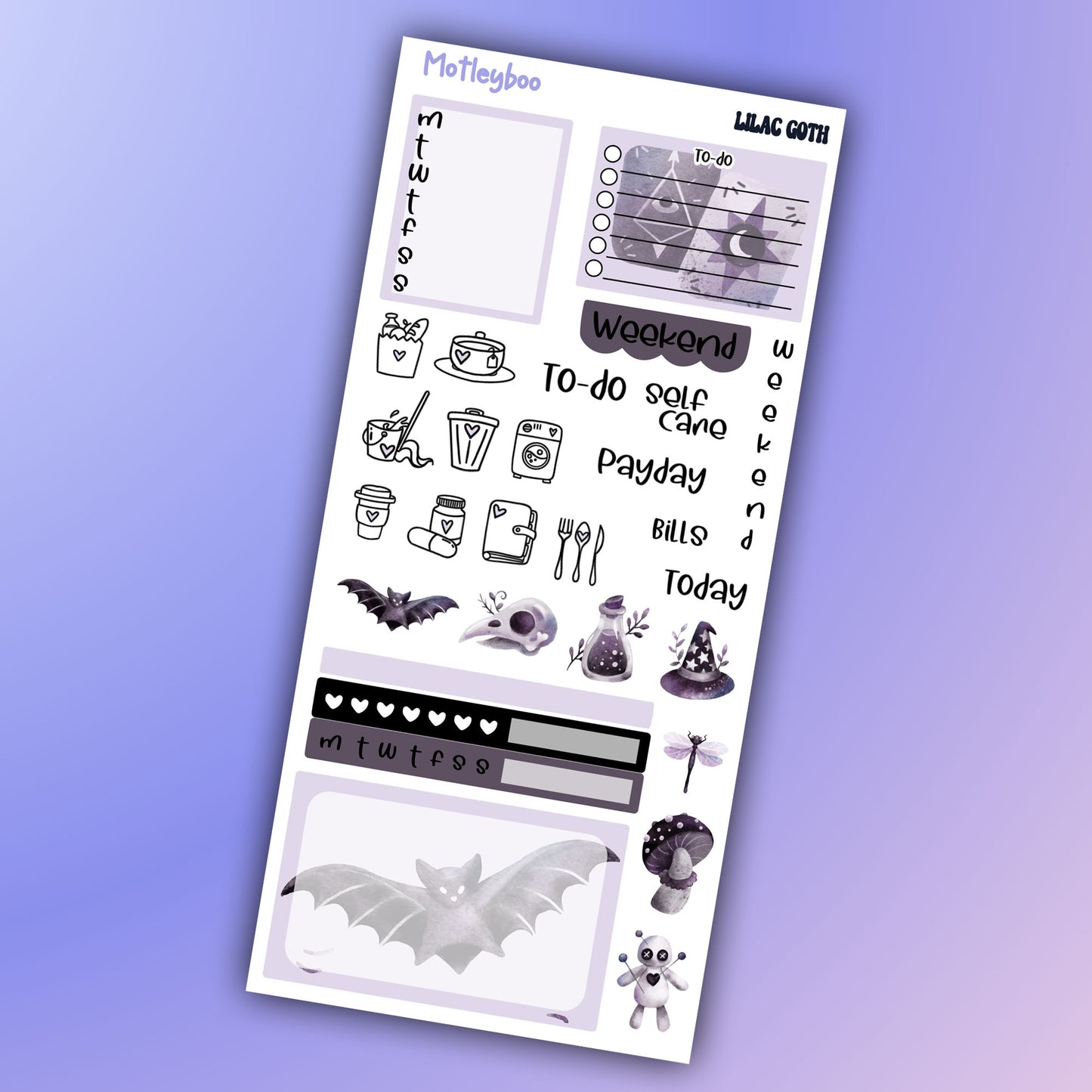 Hobonichi weeks, weekly sticker kit, witch stickers, celestial stickers, mystical stickers, witchcraft stickers, lilac goth