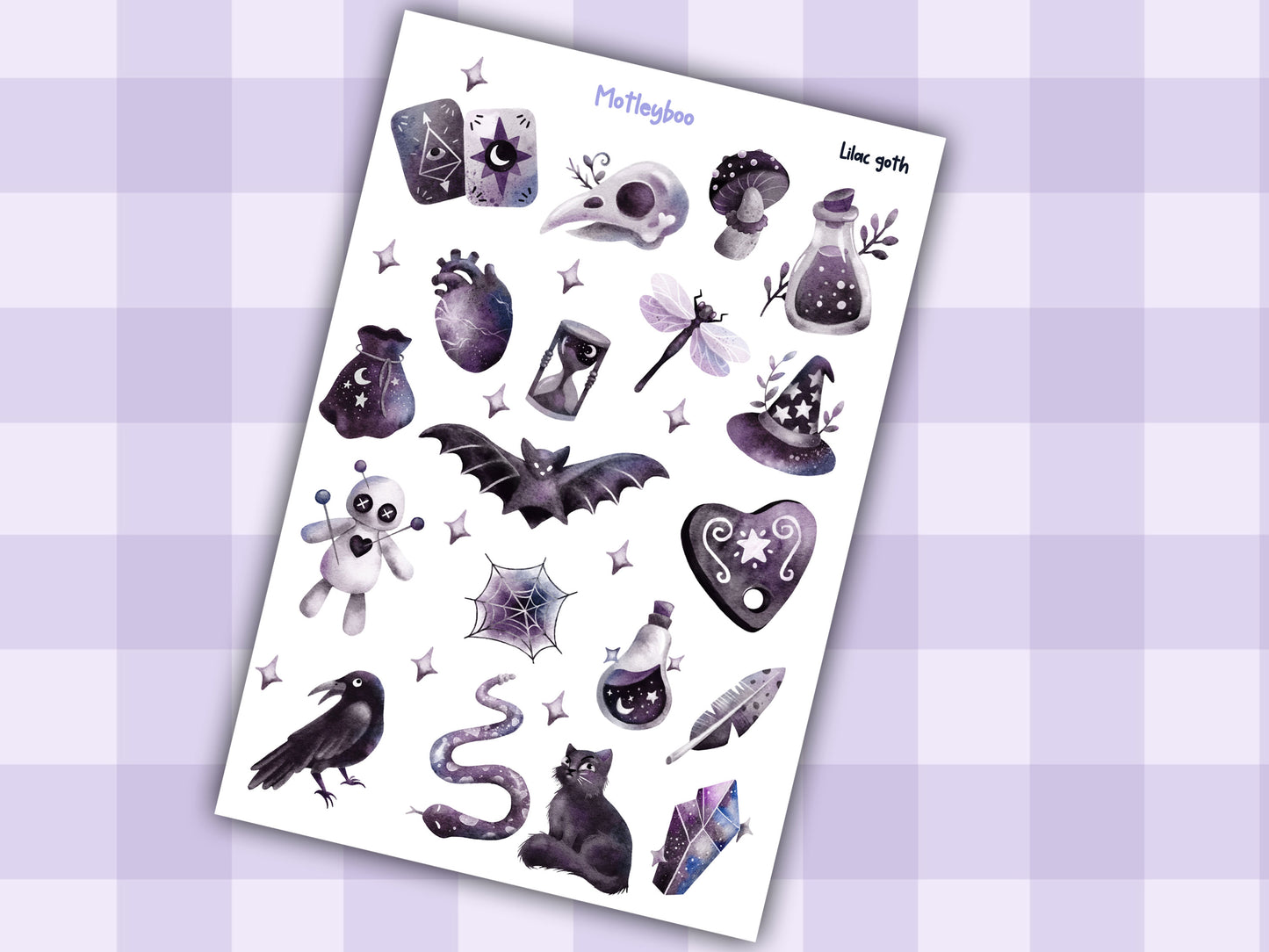 Sticker sheet, gothic stickers, cute and spooky, cute and fun, stickers, journaling stickers, planner deco stickers, lilac goth