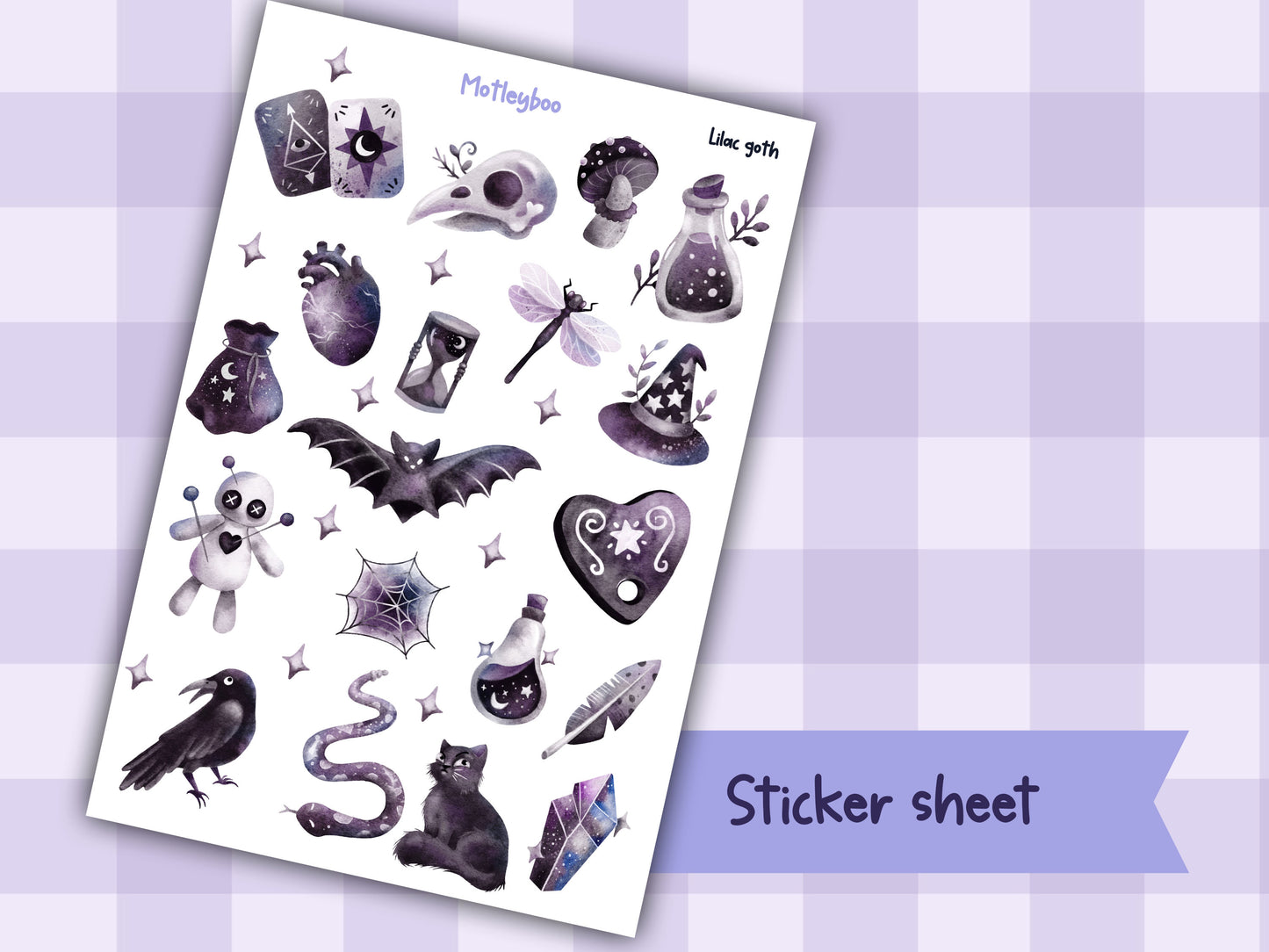 Sticker sheet, gothic stickers, cute and spooky, cute and fun, stickers, journaling stickers, planner deco stickers, lilac goth