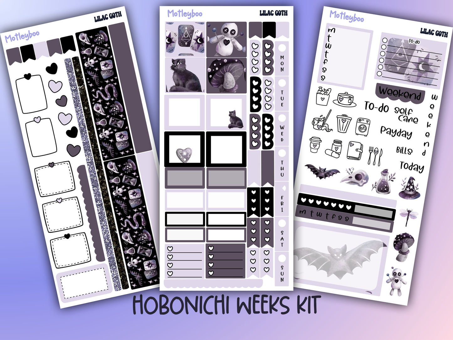 Hobonichi weeks, weekly sticker kit, witch stickers, celestial stickers, mystical stickers, witchcraft stickers, lilac goth