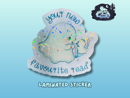 Your next favourite read, gifts for book lovers, ghost sticker, die cut sticker, laminate sticker, laptop sticker, vinyl sticker