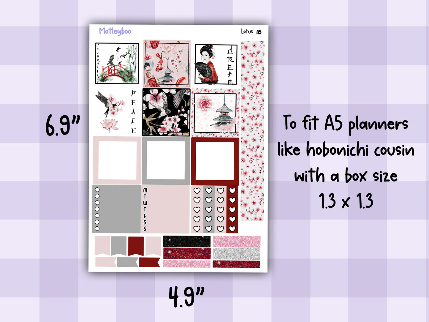 A5 Hobonichi cousin planner sticker kit, Japanese planner stickers, hobonichi cousin Lotus