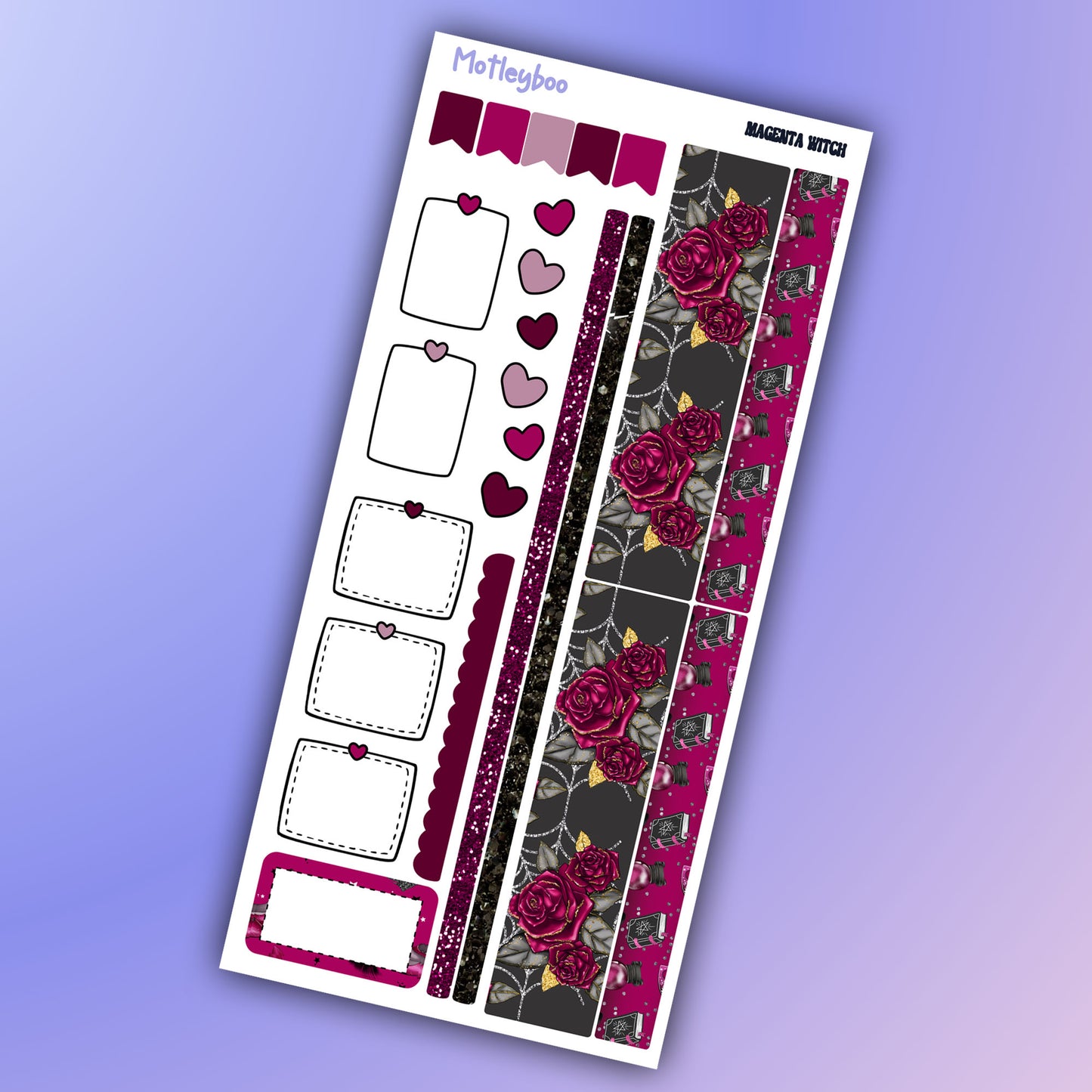 Hobonichi weeks, weekly sticker kit, witch stickers, celestial stickers, mystical stickers, witchcraft stickers, Magenta witch