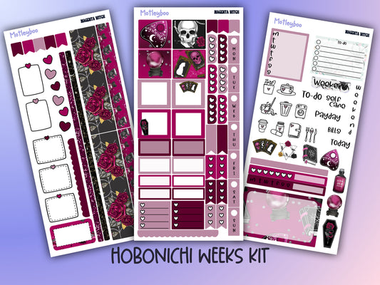 Hobonichi weeks, weekly sticker kit, witch stickers, celestial stickers, mystical stickers, witchcraft stickers, Magenta witch
