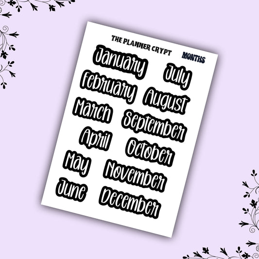 Monthly header stickers, monthly stickers, weekly planner stickers, black and white stickers, monthly headers, gothic planner stickers