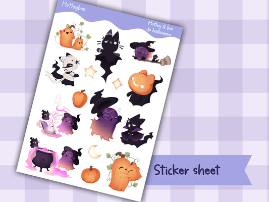 Halloween sticker sheet, cute and spooky original artwork for planners featuring Motley and boo the little ghost and cat