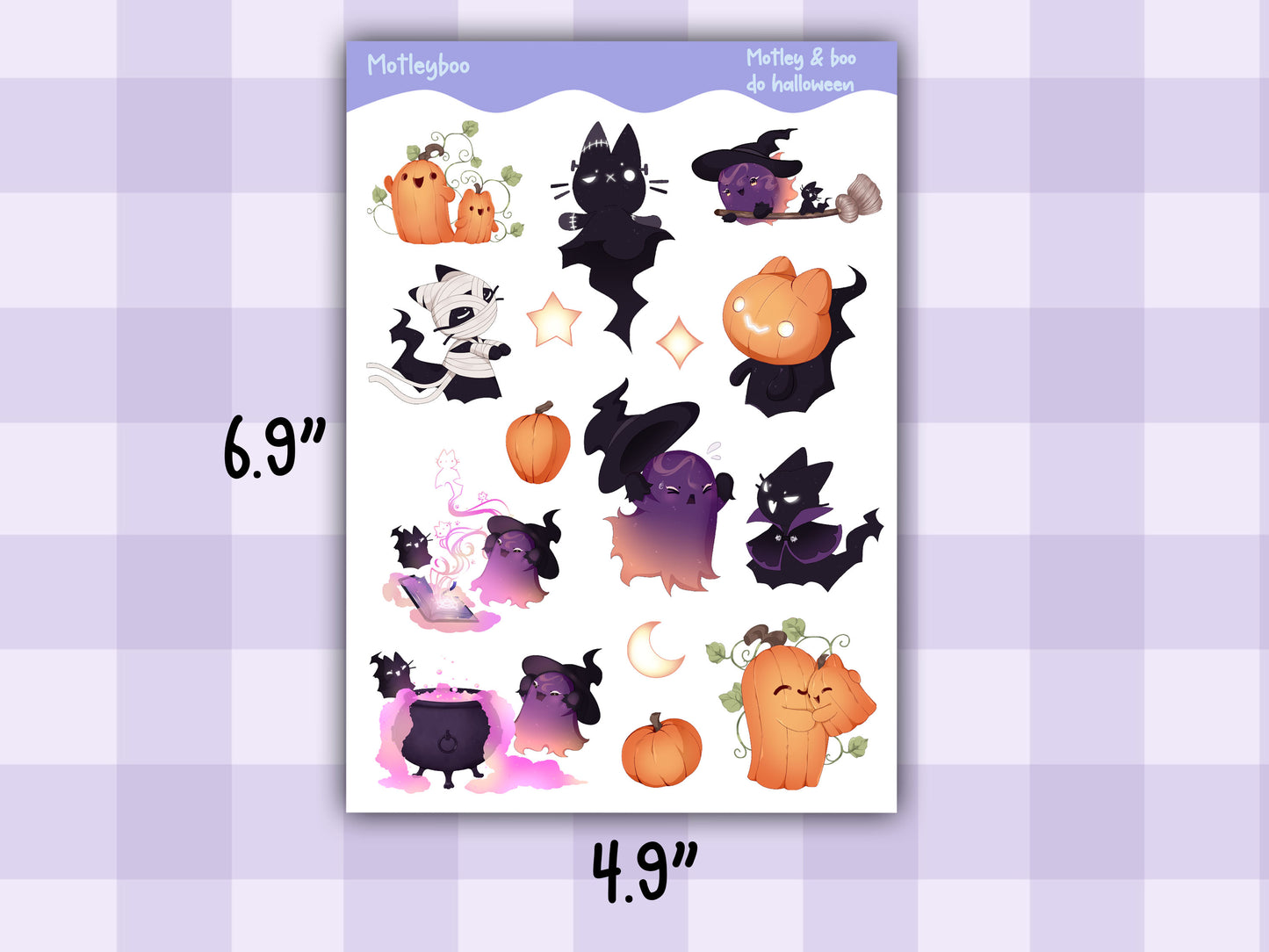 Halloween sticker sheet, cute and spooky original artwork for planners featuring Motley and boo the little ghost and cat