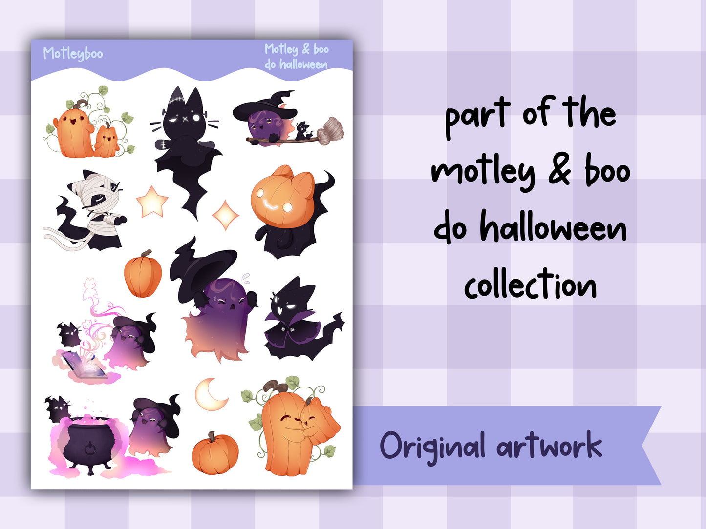 Halloween sticker sheet, cute and spooky original artwork for planners featuring Motley and boo the little ghost and cat