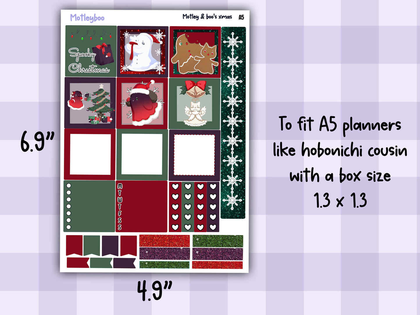 Motleyboo xmas A5 planner sticker kit, Christmas stickers, spooky planning, hobonichi planning