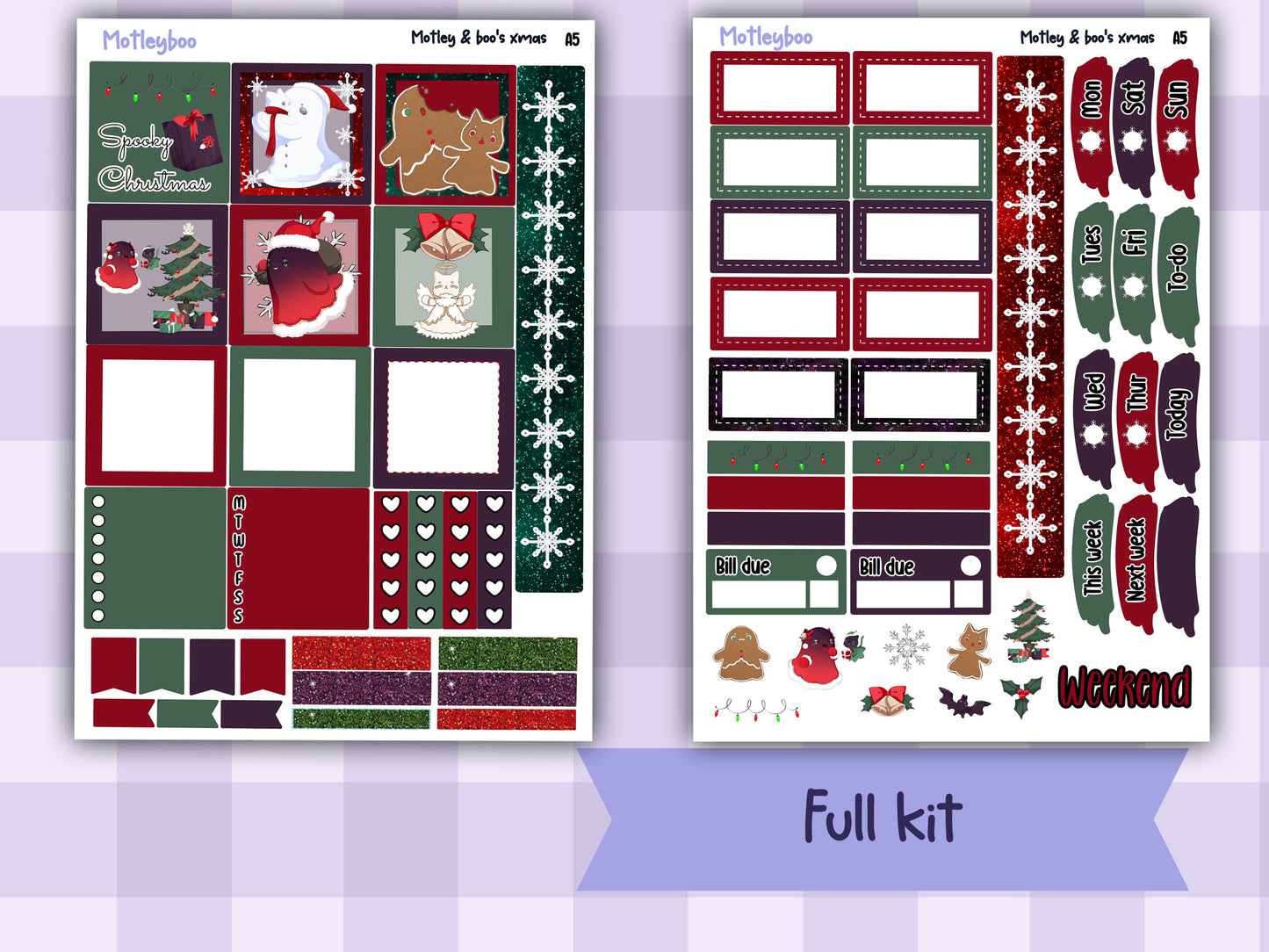 Motleyboo xmas A5 planner sticker kit, Christmas stickers, spooky planning, hobonichi planning
