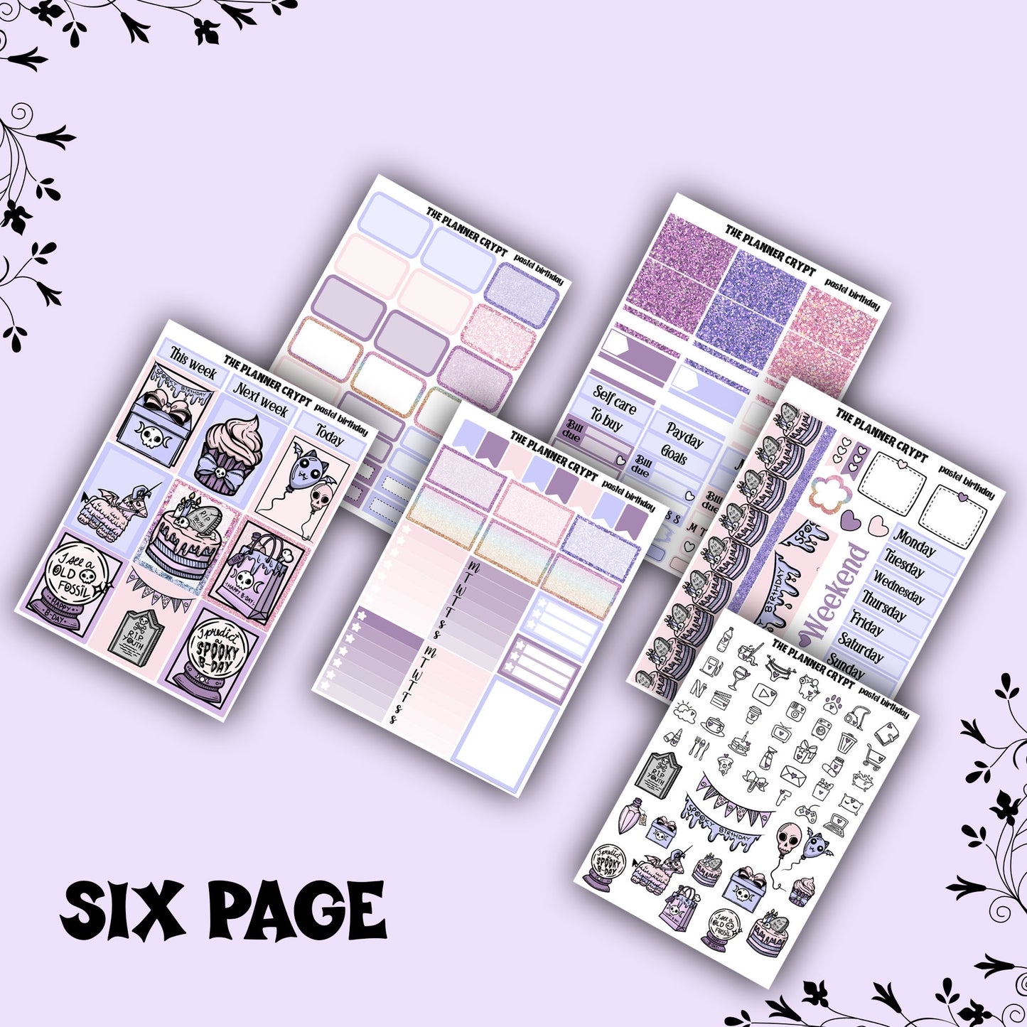 weekly planner sticker kit, planner stickers, pastel goth stickers, spooky sticker kit, vertical planner, birthday stickers, pastel birthday