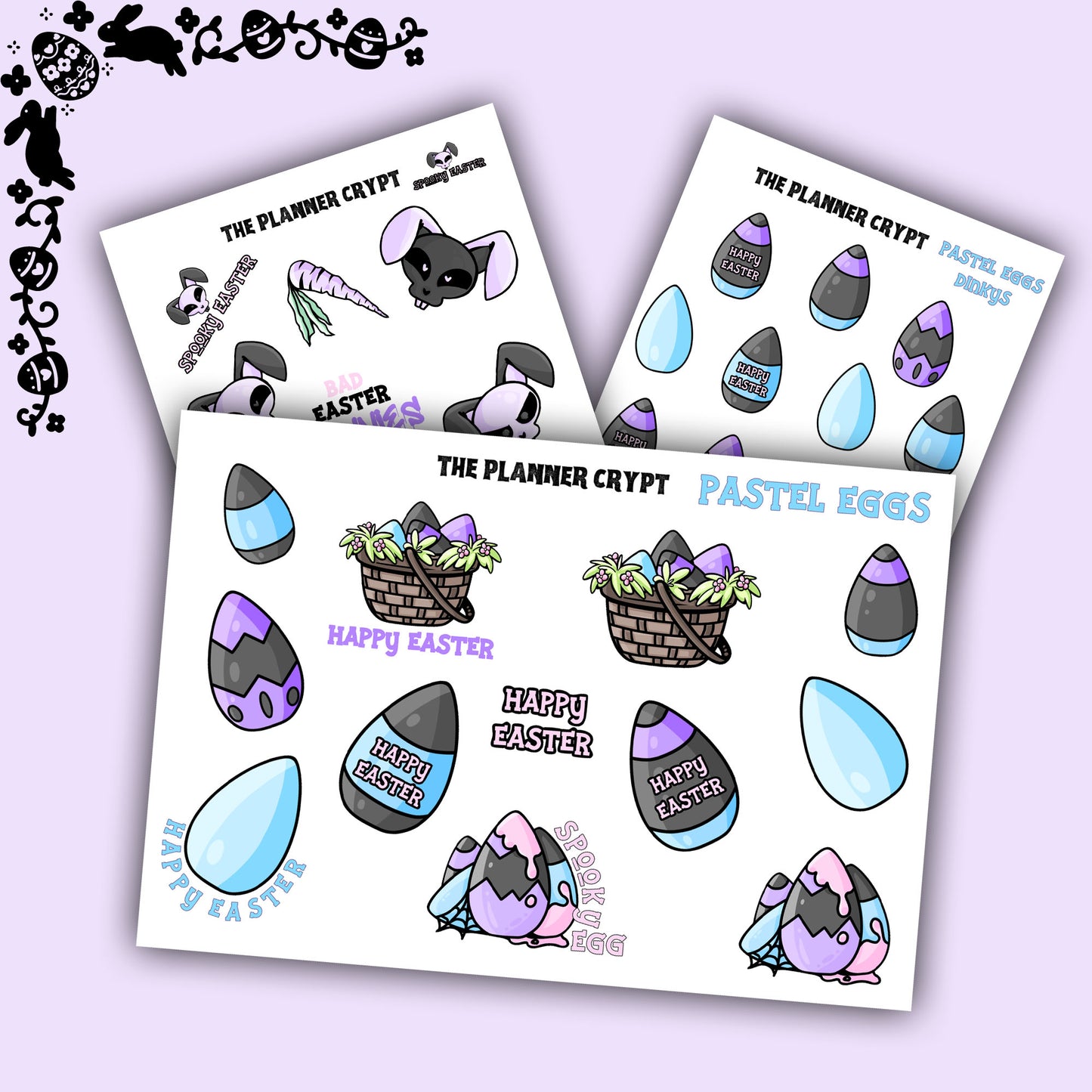 easter stickers, planner stickers, pastel goth, vertical planner, small journal, cute stickers, functional sticker, spooky bunny, goth egg