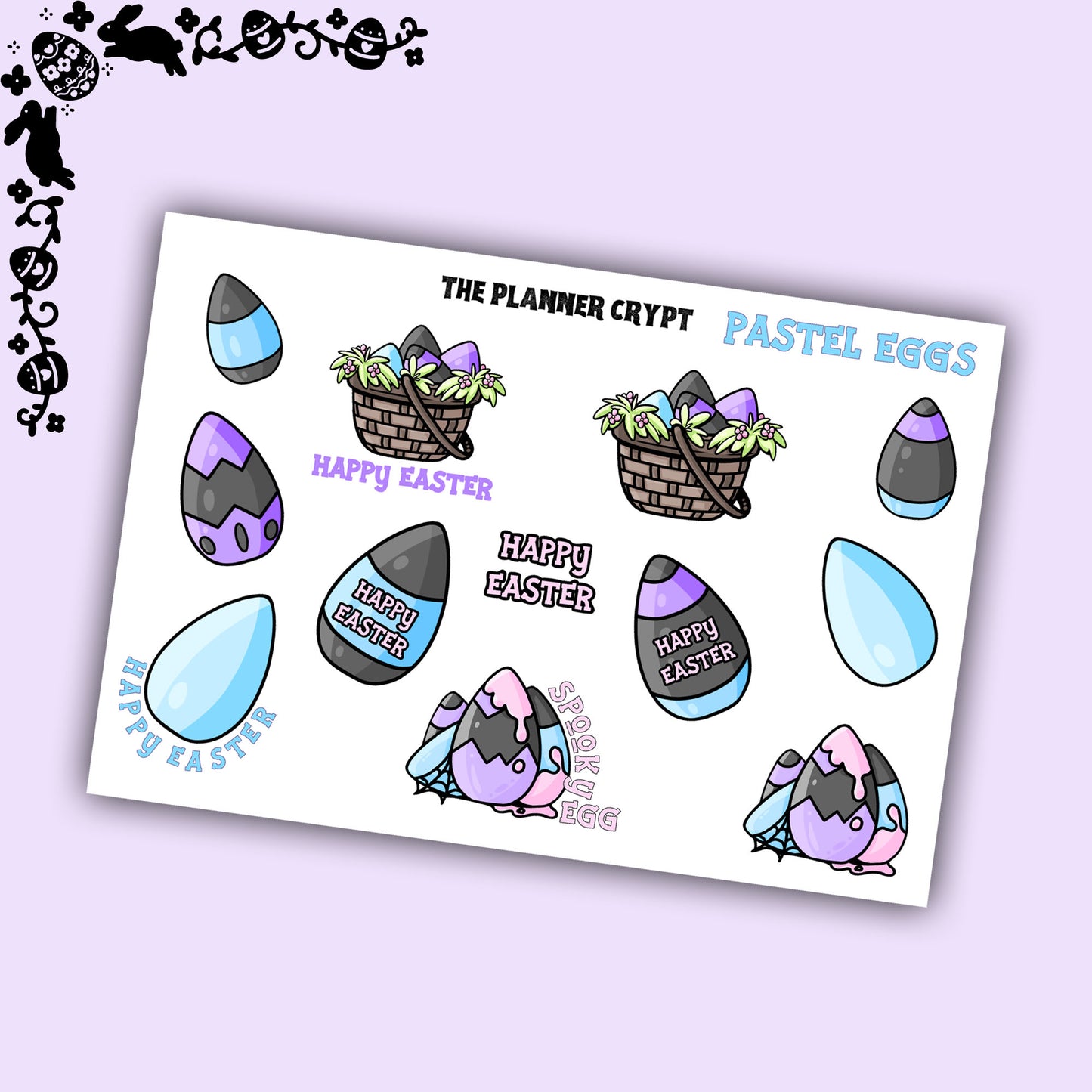 easter stickers, planner stickers, pastel goth, vertical planner, small journal, cute stickers, functional sticker, spooky bunny, goth egg