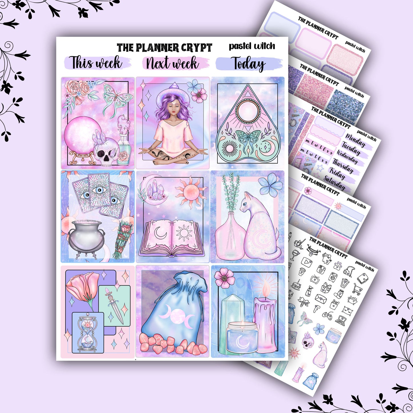 weekly planner sticker kit, pastel witch, planner stickers, witchy sticker sheet, vertical planner, cute stickers, pastel goth, goth planner