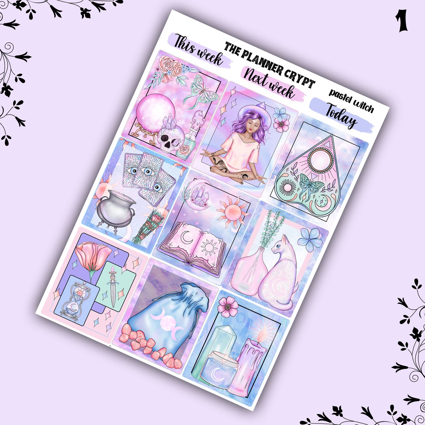 weekly planner sticker kit, pastel witch, planner stickers, witchy sticker sheet, vertical planner, cute stickers, pastel goth, goth planner