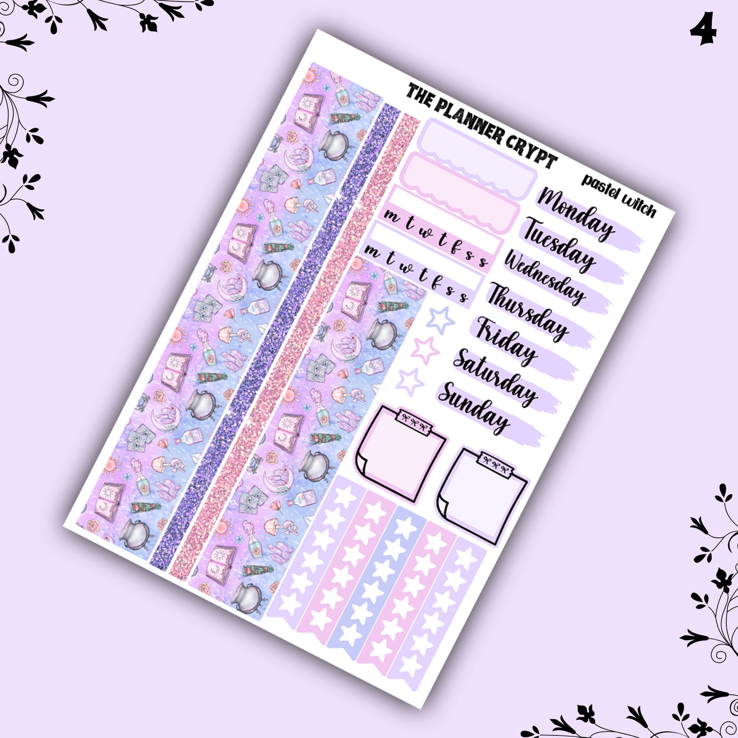 weekly planner sticker kit, pastel witch, planner stickers, witchy sticker sheet, vertical planner, cute stickers, pastel goth, goth planner