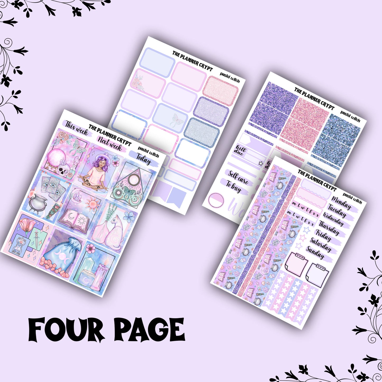 weekly planner sticker kit, pastel witch, planner stickers, witchy sticker sheet, vertical planner, cute stickers, pastel goth, goth planner