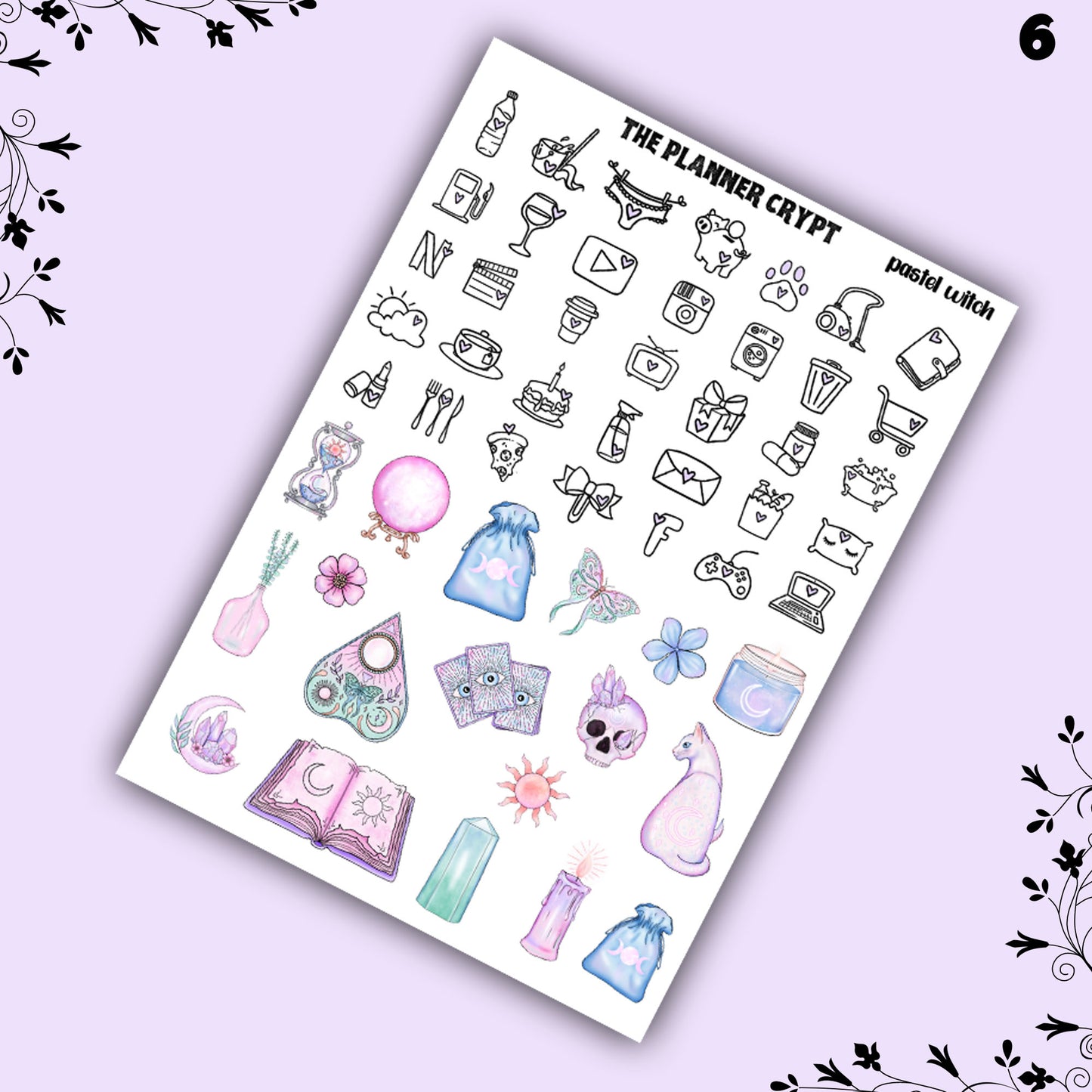 weekly planner sticker kit, pastel witch, planner stickers, witchy sticker sheet, vertical planner, cute stickers, pastel goth, goth planner