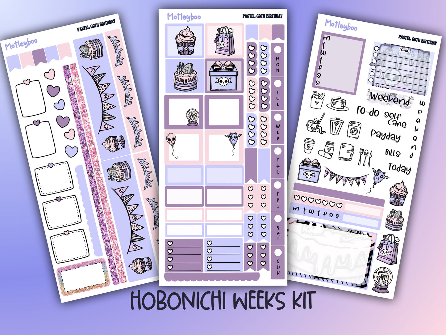 Hobonichi weeks weekly planner sticker kit, goth planner stickers, pastel goth birthday