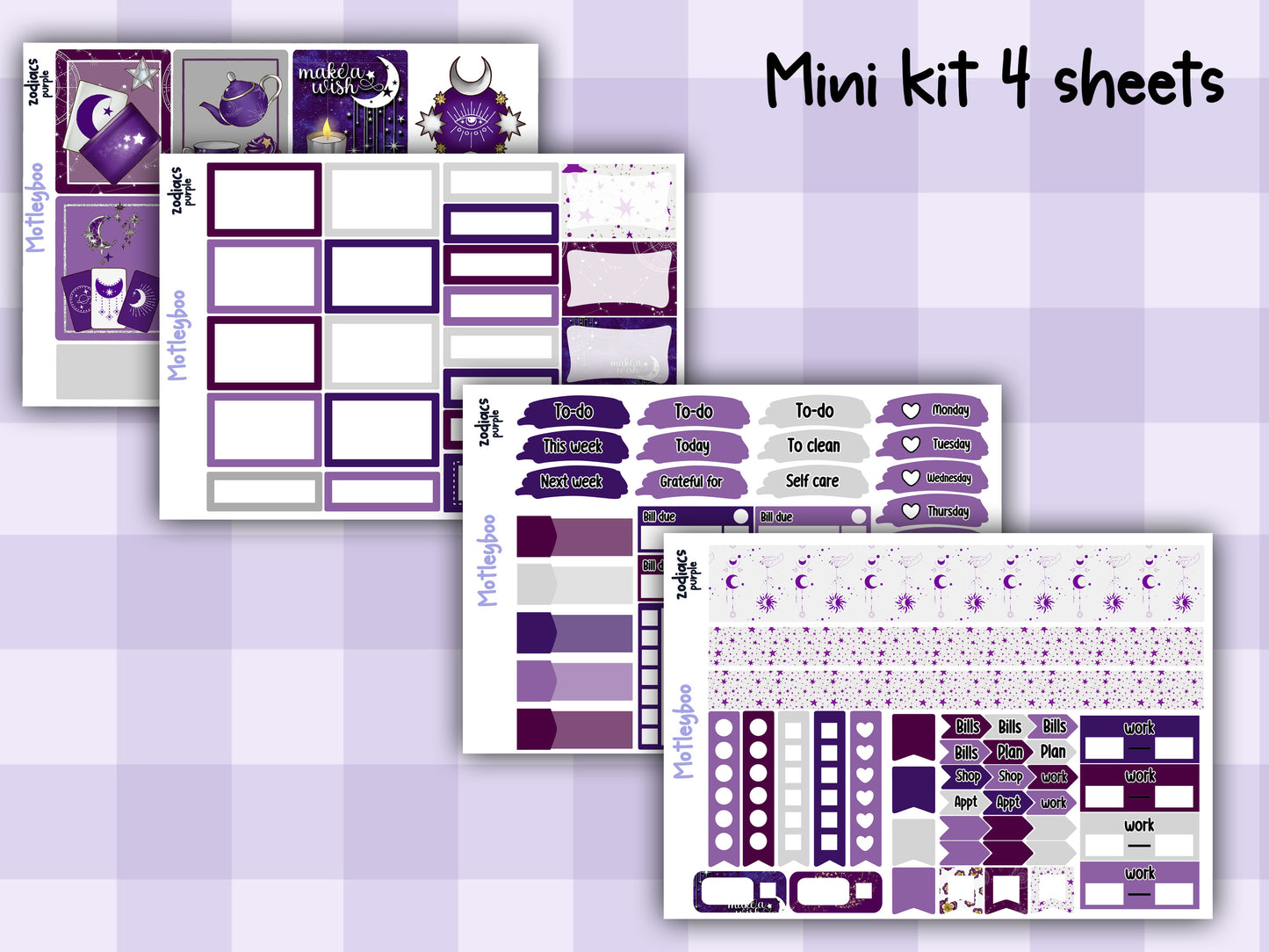 Purple Zodiac Celestial Weekly Planner Sticker Kit for vertical planners, Witchy vibes