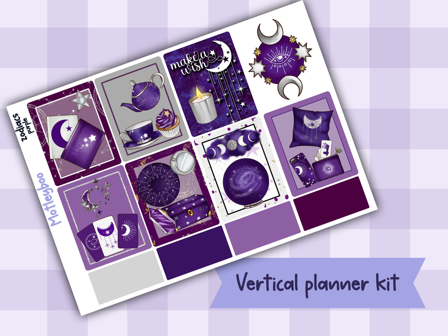 Purple Zodiac Celestial Weekly Planner Sticker Kit for vertical planners, Witchy vibes