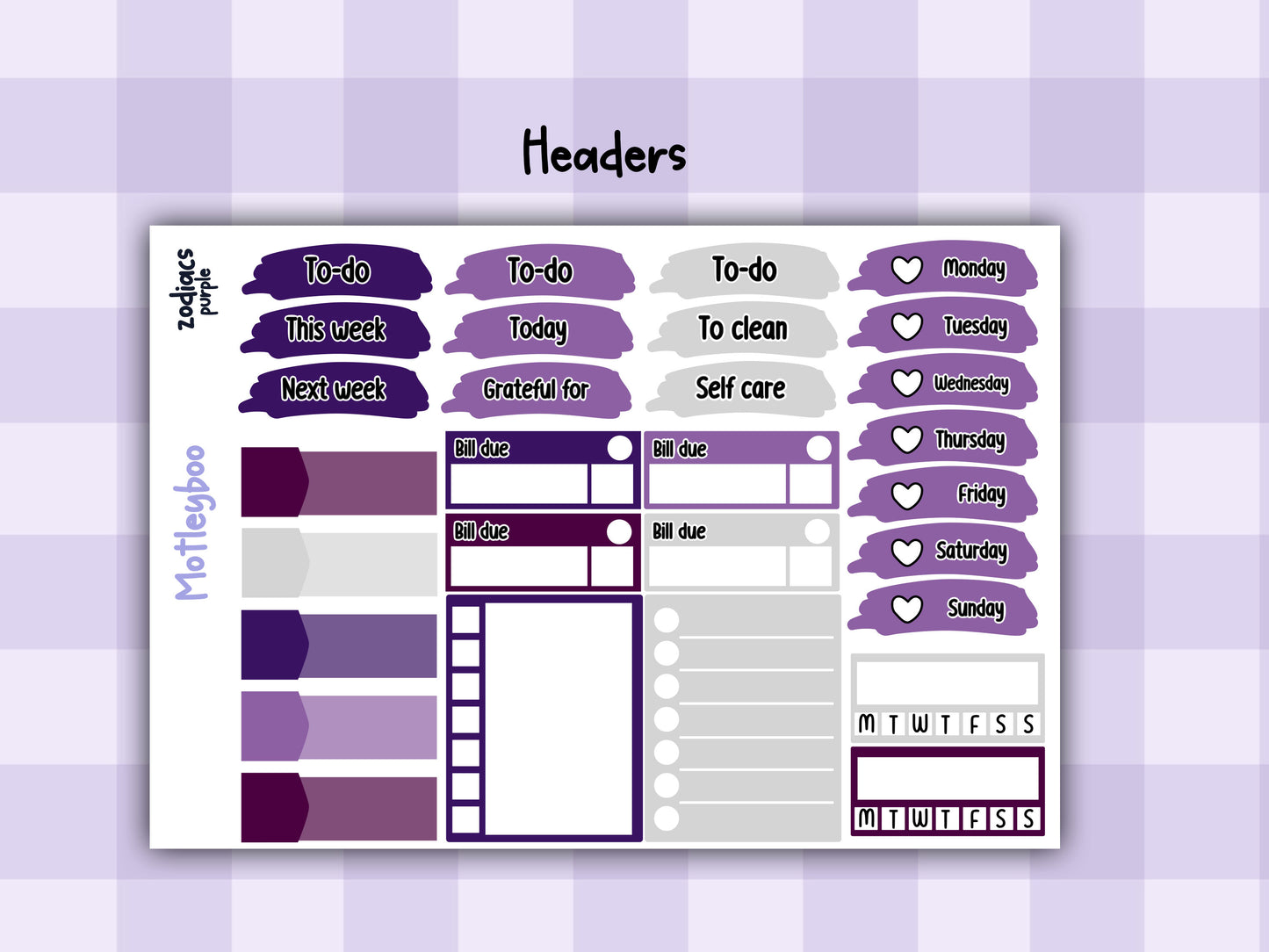 Purple Zodiac Celestial Weekly Planner Sticker Kit for vertical planners, Witchy vibes