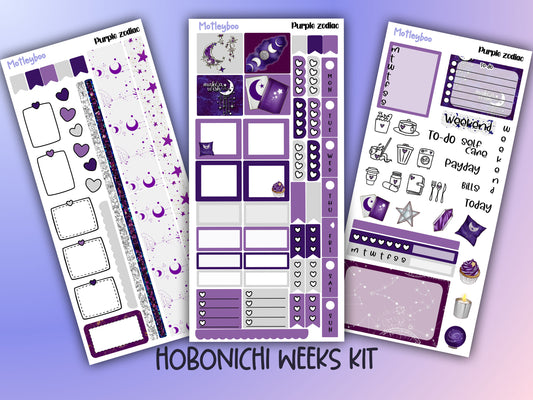 Hobonichi weeks, sticker kit, hobonichi planner, black zodiac, celestial stickers, witchy planner, hobonichi functional stickers, purple zodiac
