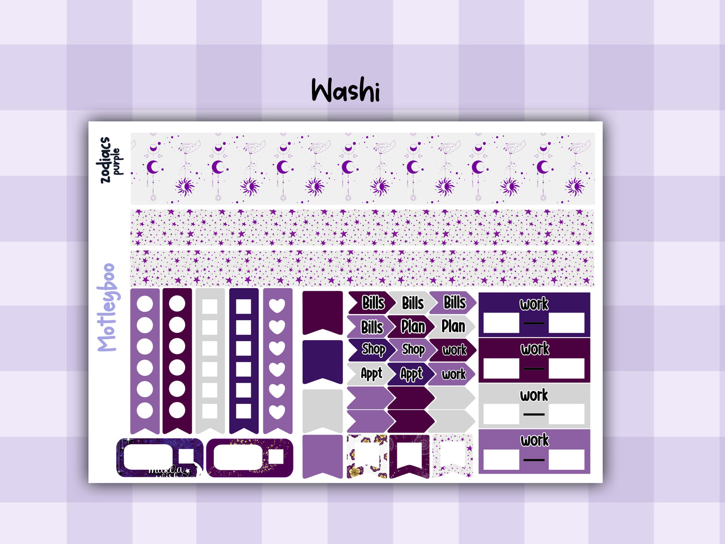 Purple Zodiac Celestial Weekly Planner Sticker Kit for vertical planners, Witchy vibes
