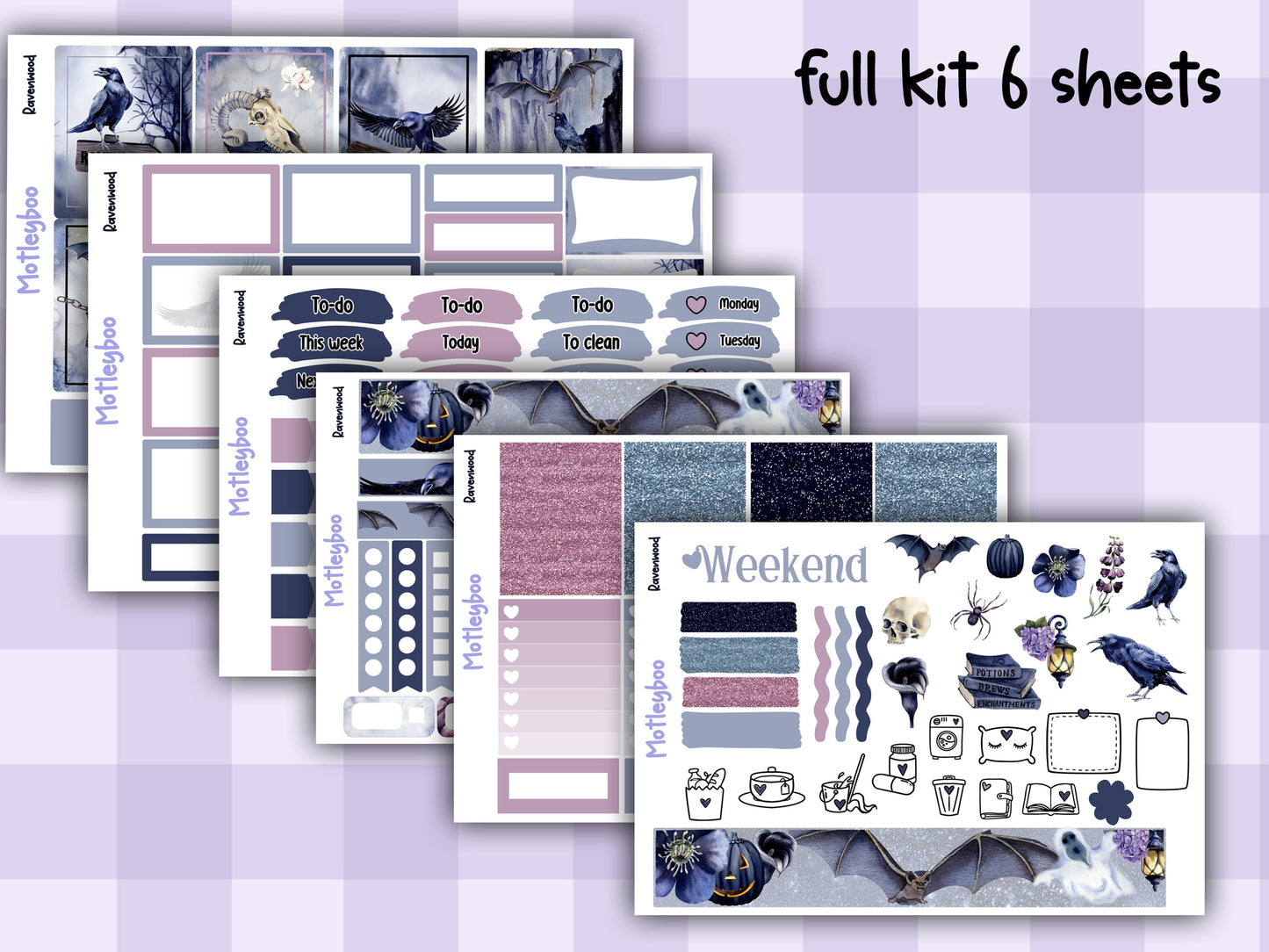 Gothic Raven Weekly Planner Sticker Kit, Vertical Layout, Spooky Halloween planning, ravenwood