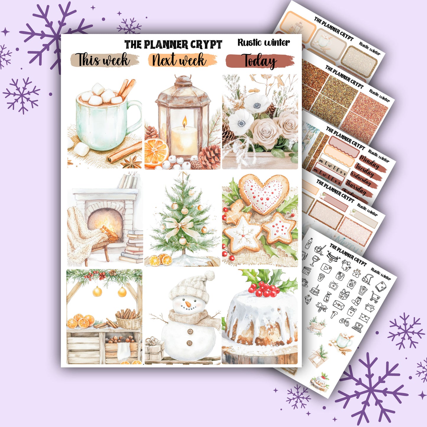 Rustic winter christmas weekly planner kit, winter stickers, christmas stickers