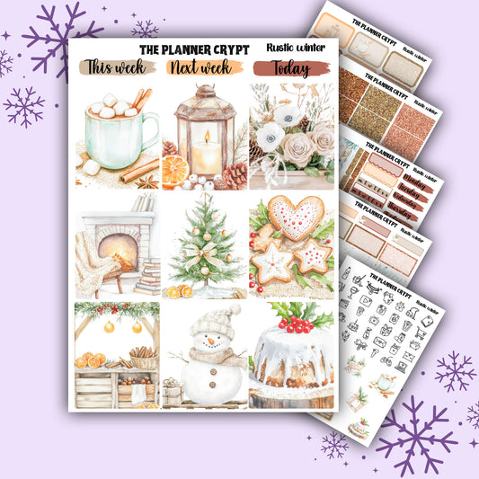 Rustic winter christmas weekly planner kit, winter stickers, christmas stickers