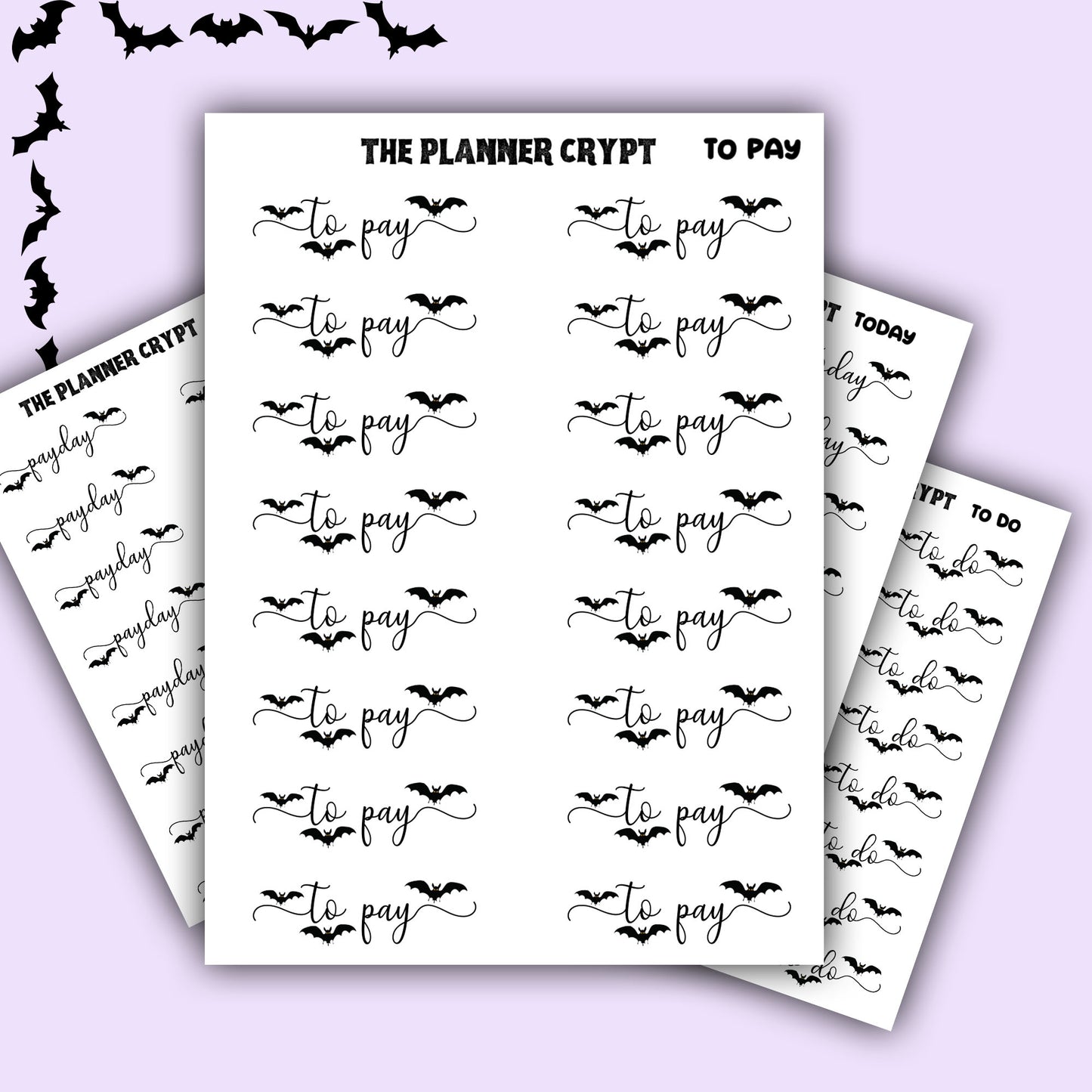 planner stickers, script words, planner sticker headers, goth planner, vertical planner, small journal, functional stickers, bat stickers
