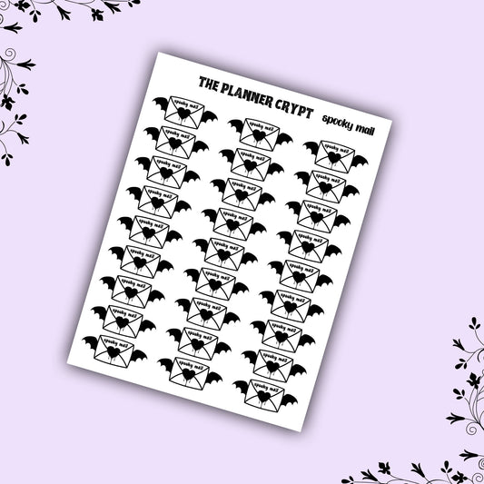 spooky mail stickers, planner stickers, functional stickers, reminder stickers, happy mail stickers, goth stickers, planner sticker sheet