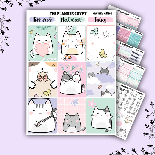 Spring kitties, weekly planner, sticker kit, pastel stickers, spring planner kit, planner stickers, vertical planner