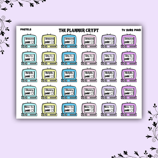 T.v subscriptions paid stickers, paid bill stickers, planner sticker, pastel,goth,vertical planner, small journal, functional sticker,