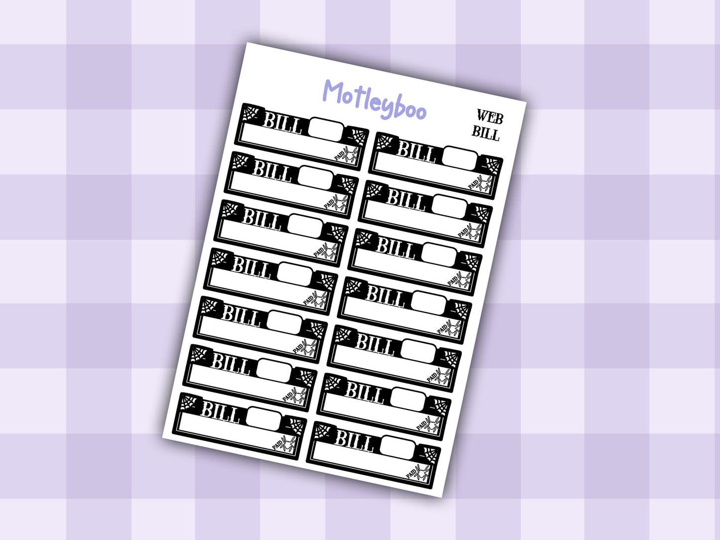 Gothic Bill Planner Stickers, Spiderweb, Black and White, functional planning