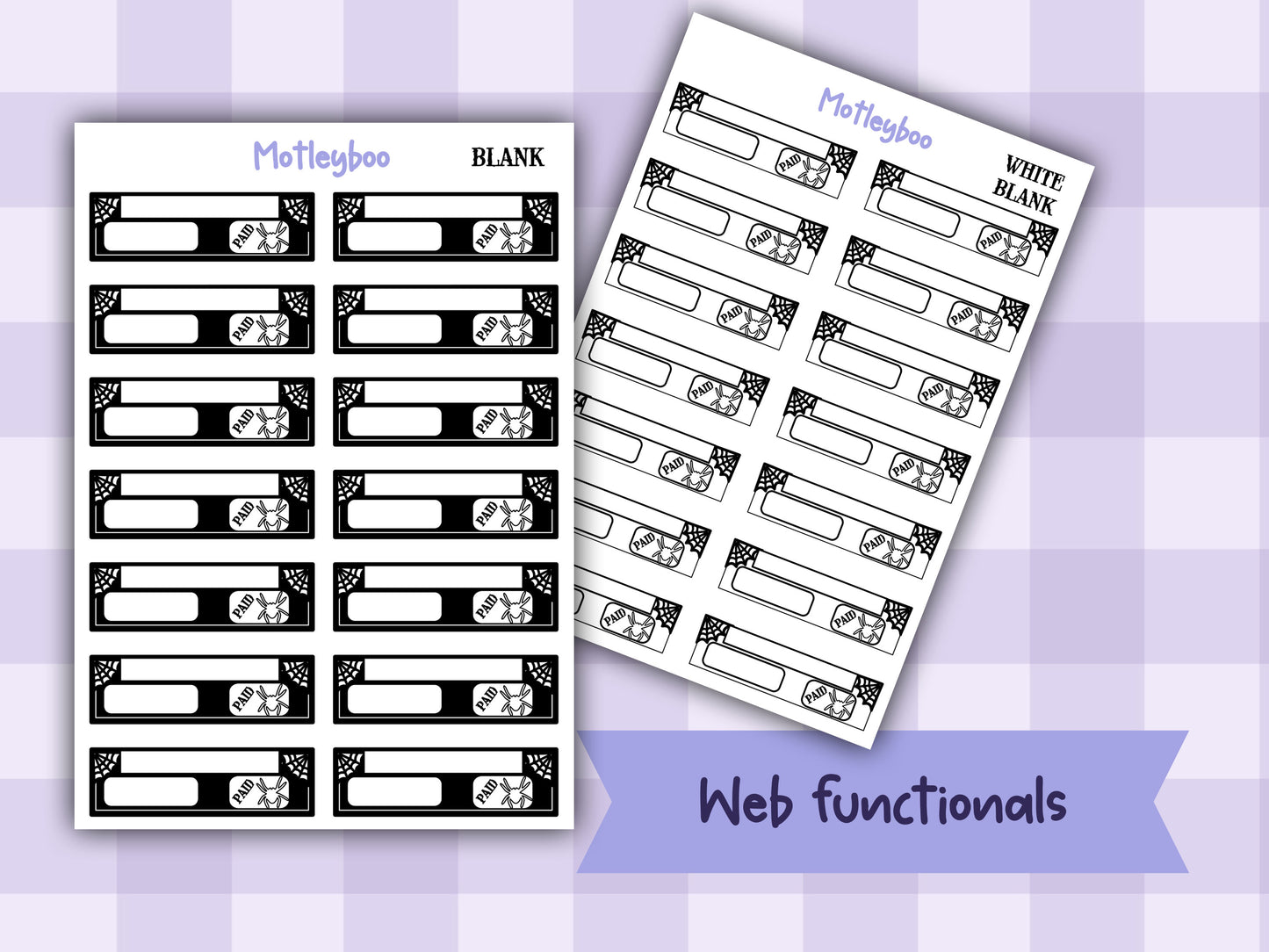 Gothic Bill Planner Stickers, Spiderweb Header Stickers, blank functional, goth planning