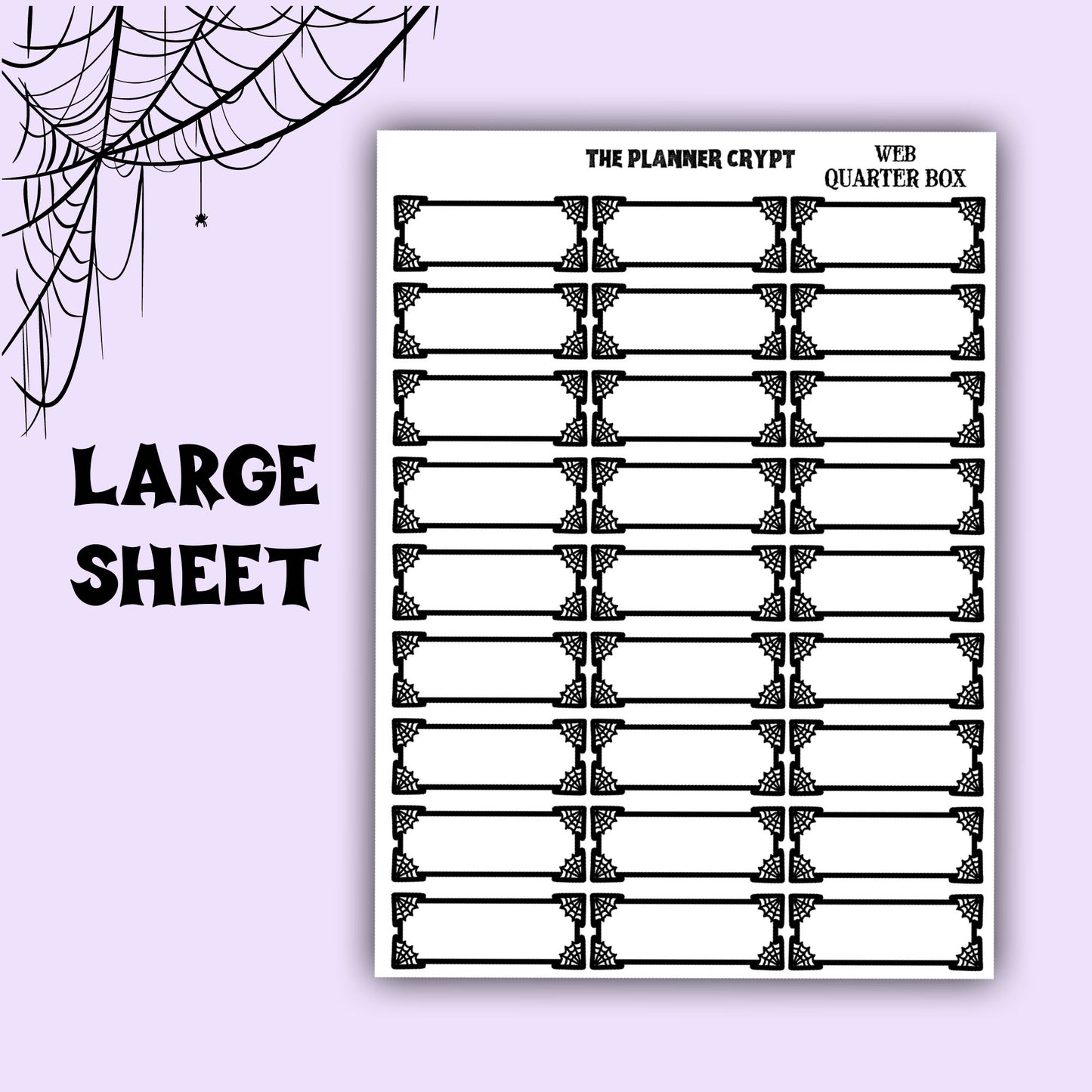 planner stickers, planner boxes, vertical planner, gothic planner, functional stickers, black and white, spiderweb stickers, header sticker
